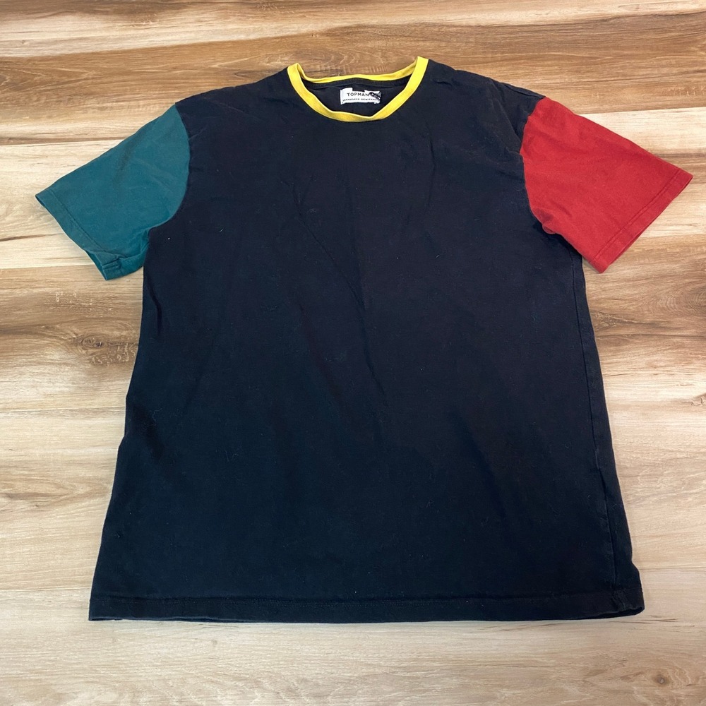 TOPMAN Colorblock T Shirt Black Red Teal Yellow Collar Men's XXS‎